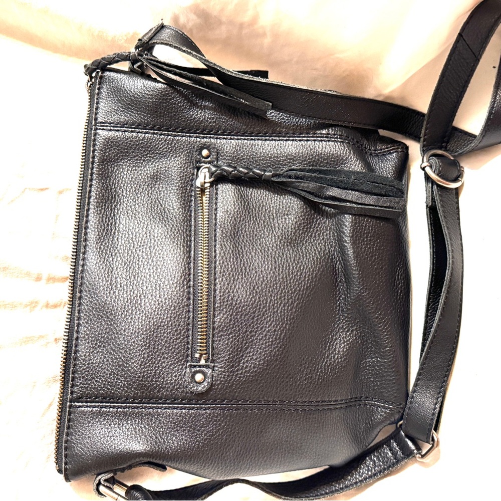 The Sak Black Pebbled Leather Bag Braided Tassel Zip Detail